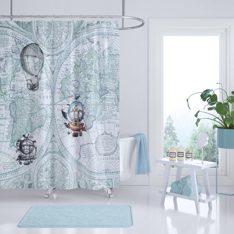 Steampunk Airship Shower Curtain: Antique World Map, Blue Pastel Decor image 1