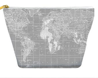 World Map pencil case, gray world map, makeup bag, travel, small gifts,  zipper pouch bag T-bottom, gift