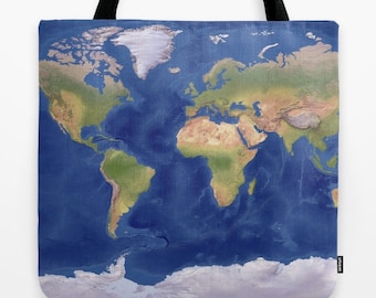 World Map Tote Bag, Modern topographical atlas map theme tote, everything bag, allover print, gift for mom, beach bag, travel bag, blue