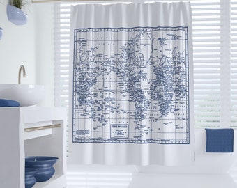 Blue and White World Map Shower Curtain: Vintage Travel Bathroom Decor