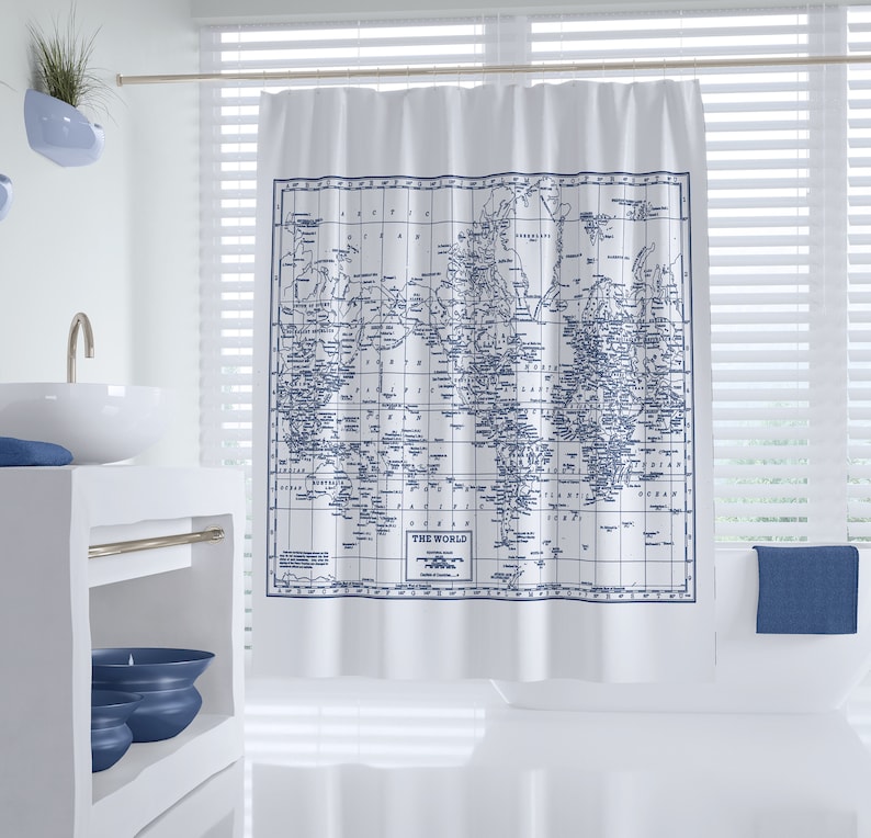 World Map Shower Curtain Blue And White, World Traveler Shower Curtain