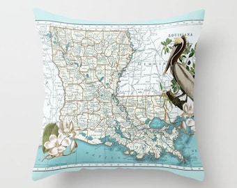 Louisiana Map Throw Pillow - Pelican and Magnolia - retro - New Orleans Gulf Coast, decor, travel,  Louisiana Pride