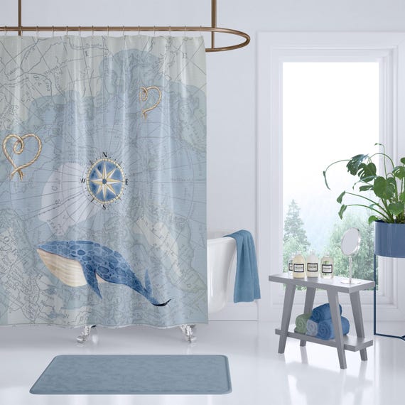 Nautical Whale Map Shower Curtain: Vintage Coastal Bathroom Decor