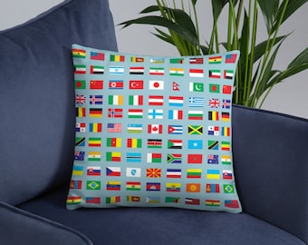 World Flags Throw Pillow - casual throw pillow with flags of the world on blue background - nautical travel decor