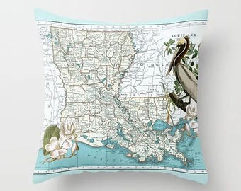 Cojín con el mapa de Luisiana: diseño vintage de pelícano y magnolia