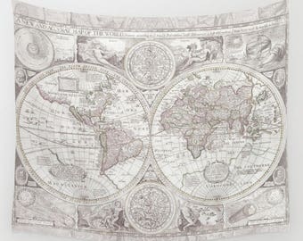 Antique World Map Tapestry: Gray Travel Decor, Dorm Room Hanging
