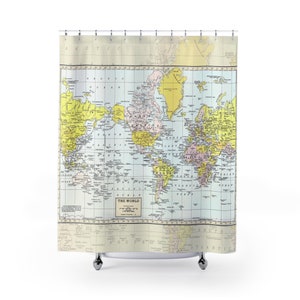 World Map Shower Curtain Historical , colorful, vintage map Vintage tones Home Decor Bathroom travel, blue, green pastel yellow image 2