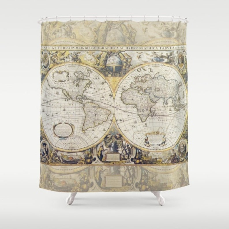 Antique World Map Fabric Shower Curtain: Vintage Travel Decor - Etsy