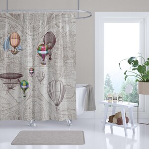 Hot Air Balloon Shower Curtain: Antique Map Steampunk Bathroom Decor image 1