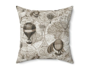 Almohada de gamuza sintética estilo steampunk con diseño de globo aerostático en tonos tierra neutros