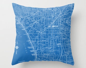 Los Angeles Throw Pillow - Street Map - retro - Blue and white, Hollywood, Beverly Hills,  decor, travel, lapis,blue, den, dorm, bedroom