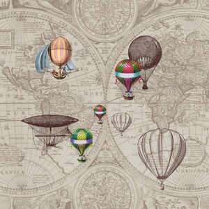 May include: An antique world map with a vintage aesthetic featuring hot air balloons in various colours and designs, including an airship. The map includes text such as "NORTH FROSEN ZONE", "THE PACIFICKE SEA", "THE OCEAN", and "UNKNOWNE".