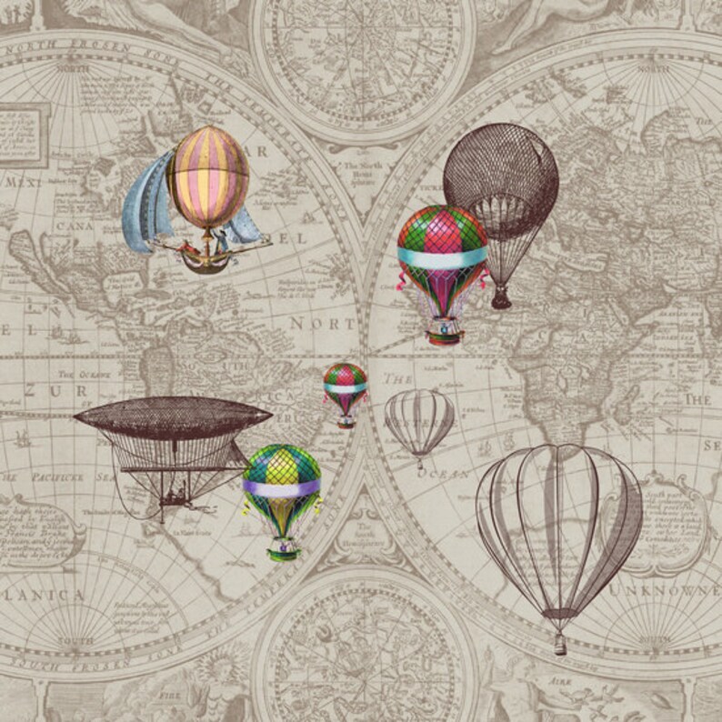 May include: An antique world map with a vintage aesthetic featuring hot air balloons in various colours and designs, including an airship. The map includes text such as "NORTH FROSEN ZONE", "THE PACIFICKE SEA", "THE OCEAN", and "UNKNOWNE".
