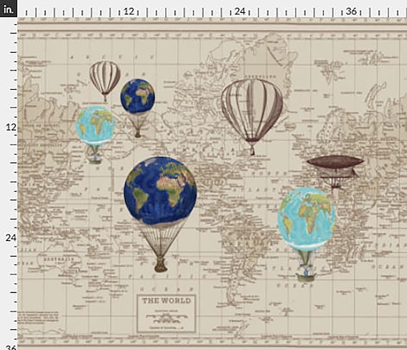 World Map Fabric Yardage: Vintage Hot Air Balloons, Steampunk Nursery