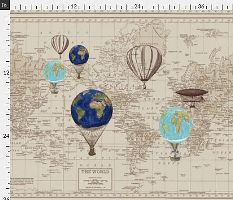 World Map Fabric Yardage: Vintage Hot Air Balloons, Steampunk Nursery image 1