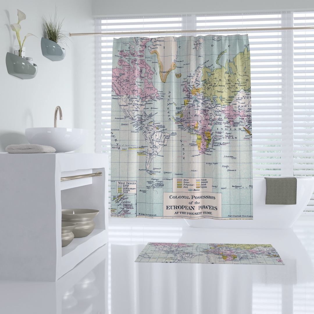 Vintage World Map Shower Curtain: Colonial Travel Decor - Etsy
