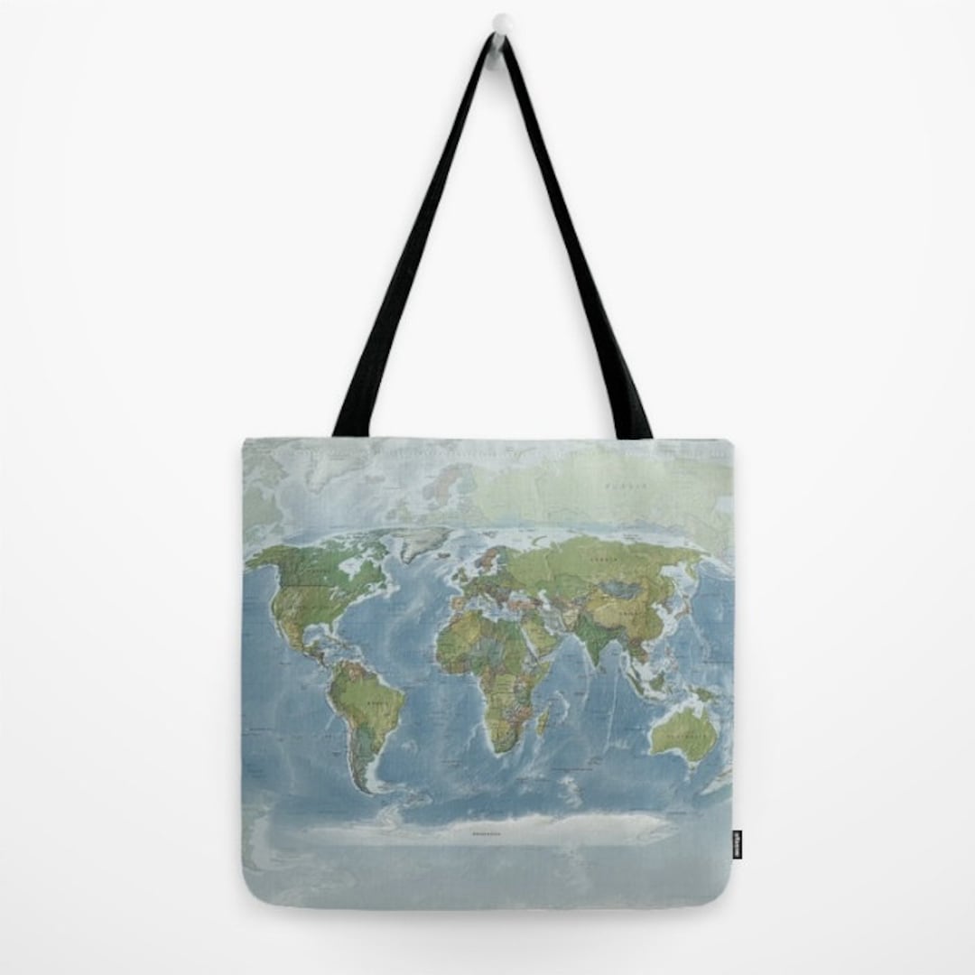 World Map Tote Bag Modern Topographical Atlas Map Theme Tote 