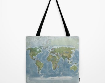 World Map Tote Bag, Modern topographical atlas map theme tote, everything bag, allover print, gift for mom, beach bag, travel bag, blue