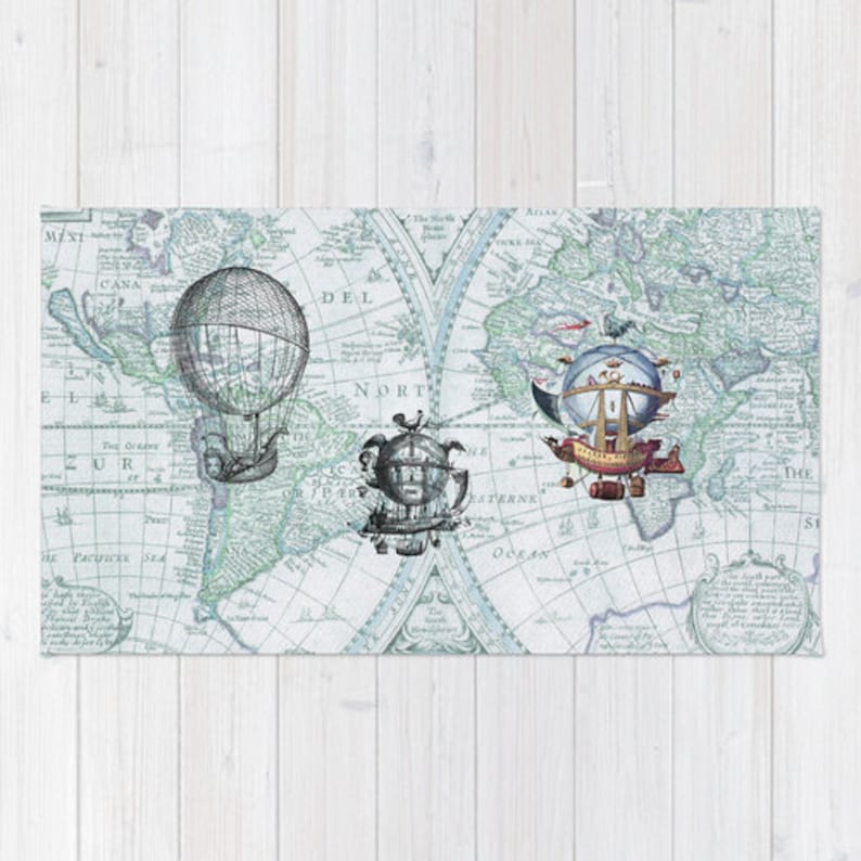 May include: A vintage world map with three steampunk-style airships. The airships are a hot air balloon, a dirigible, and a flying ship. The map is in shades of blue and green.