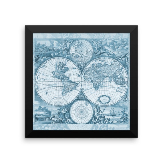 アンティークの世界地図（ブルーフレームプリント） - ウォール