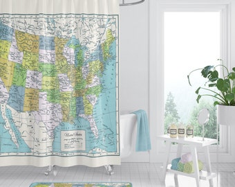 United States Map Shower Curtain -  USA  - fabric - travel Decor - home Bathroom - blue, green, cream, historical