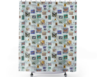 Butterfly Stamp Shower Curtains with Island Maps - travel decor