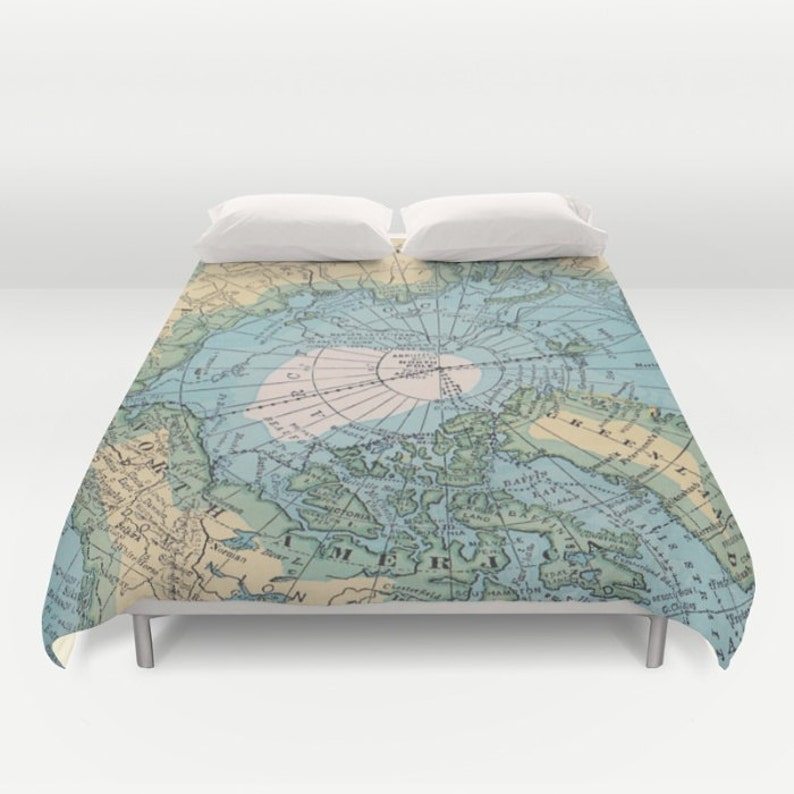 Arctic Map Duvet Cover or comforter bed blue, green, aqua, bedroom, travel decor, cozy soft, pastel, winter, warm, North Pole, Greenland image 1