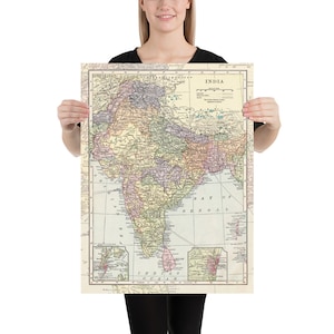 Mapa de la India: mapa histórico detallado de la India, decoración de viajes, decoración del hogar y de pared.