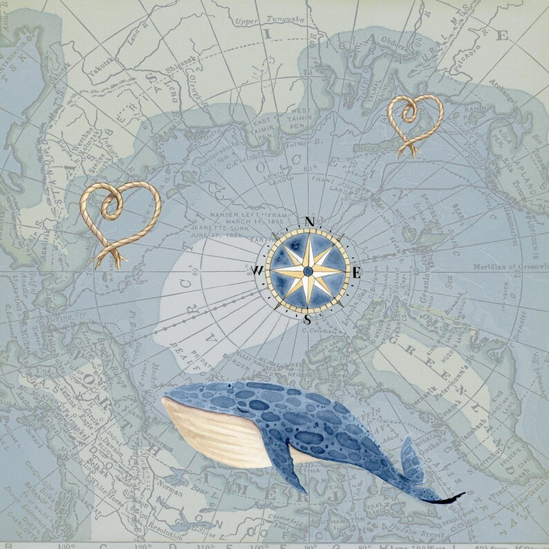 May include: A nautical-themed artwork featuring a vintage map of the Arctic region. The illustration includes a compass rose, a blue whale, and rope-shaped hearts. The color palette is primarily blue, beige, and white, creating a classic, vintage aesthetic.