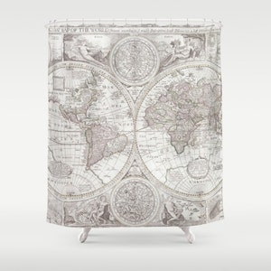 Shower Curtain World Map Minimalist soft Grey gray antique Map Home Decor travel decor Industrial chic soft colors Bathroom image 1
