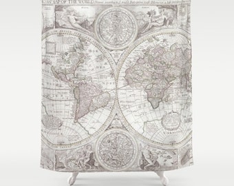 Shower Curtain - World Map - Minimalist soft Grey gray antique Map - Home Decor travel decor  - Industrial chic - soft colors - Bathroom