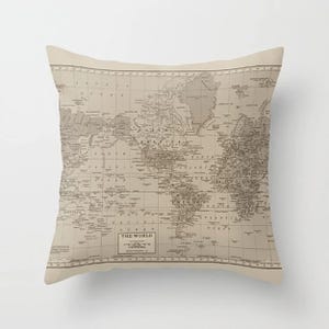 Vintage World Map Pillow: Tan & Brown Travel Decor