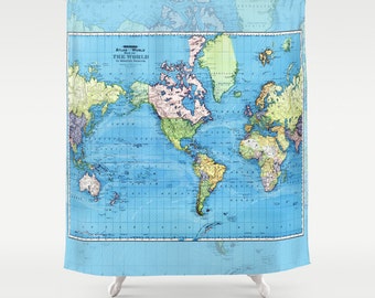World Mercator Map Shower Curtain -  historical map, colorful, vintage map - Blue map, Home Decor - Bathroom - travel, green vibrant, kids