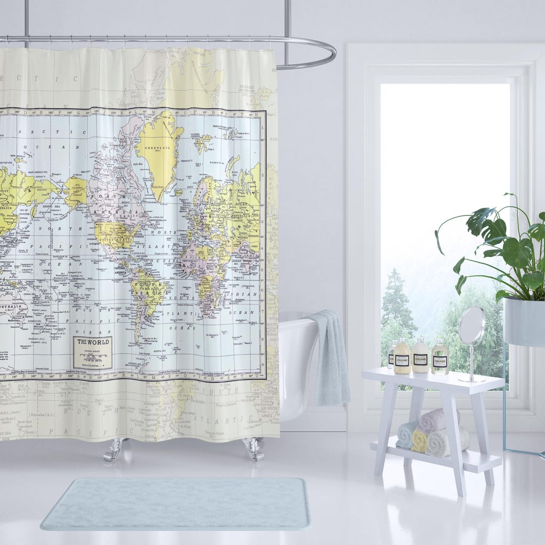 Vintage World Map Shower Curtain: Pastel Tones, Historical Decor - Etsy