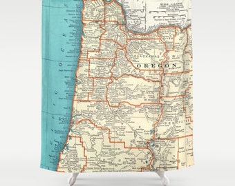 Oregon Coast Map Shower Curtain - Portland, Oregon, State map, teal, pacific ocean Bathroom - surfer, beach, decor