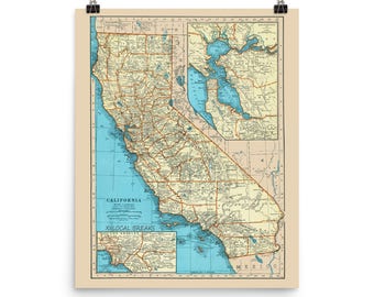 California Surf Poster Print - California Surfing Spots, map of California Beaches