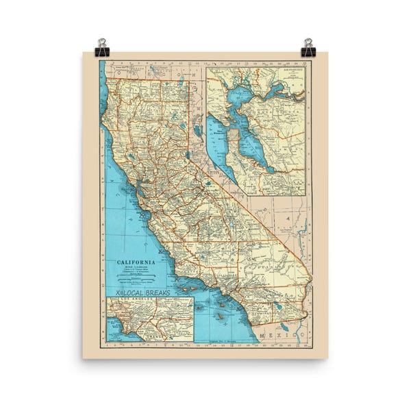 California Surf Poster Print - California Surfing Spots, map of California Beaches