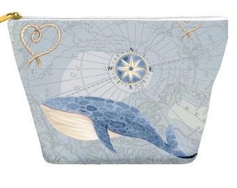 Nautical Whale Map Zipper Pouch: Travel Makeup Bag