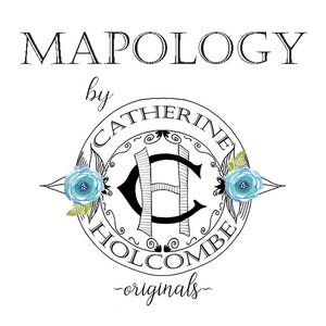 May include: Black and white logo with the text "MAPOLOGY by CATHERINE HOLCOMBE - originals" in a decorative font. The logo features a stylized "C" and "H" intertwined within a circle.