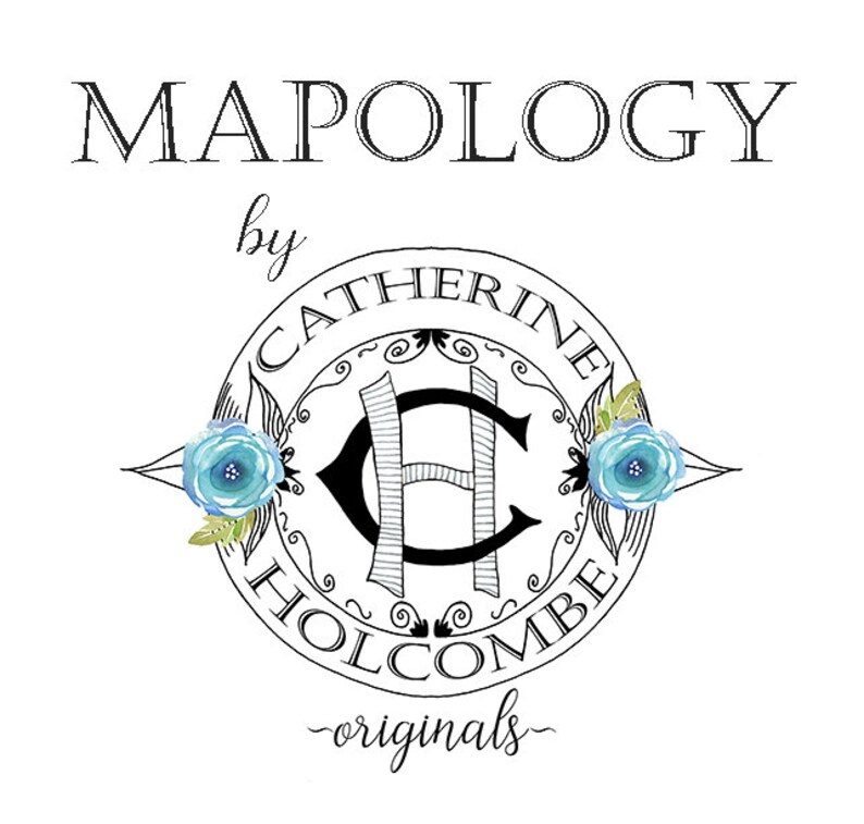 May include: Black and white logo with the text "MAPOLOGY by CATHERINE HOLCOMBE - originals" in a decorative font. The logo features a stylized "C" and "H" intertwined within a circle.