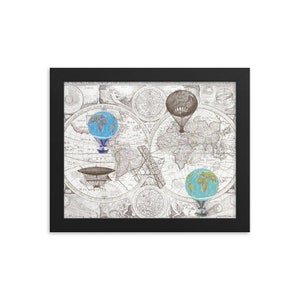 See the World Framed Print - maps, hot air balloons, globes, whimsical travel
