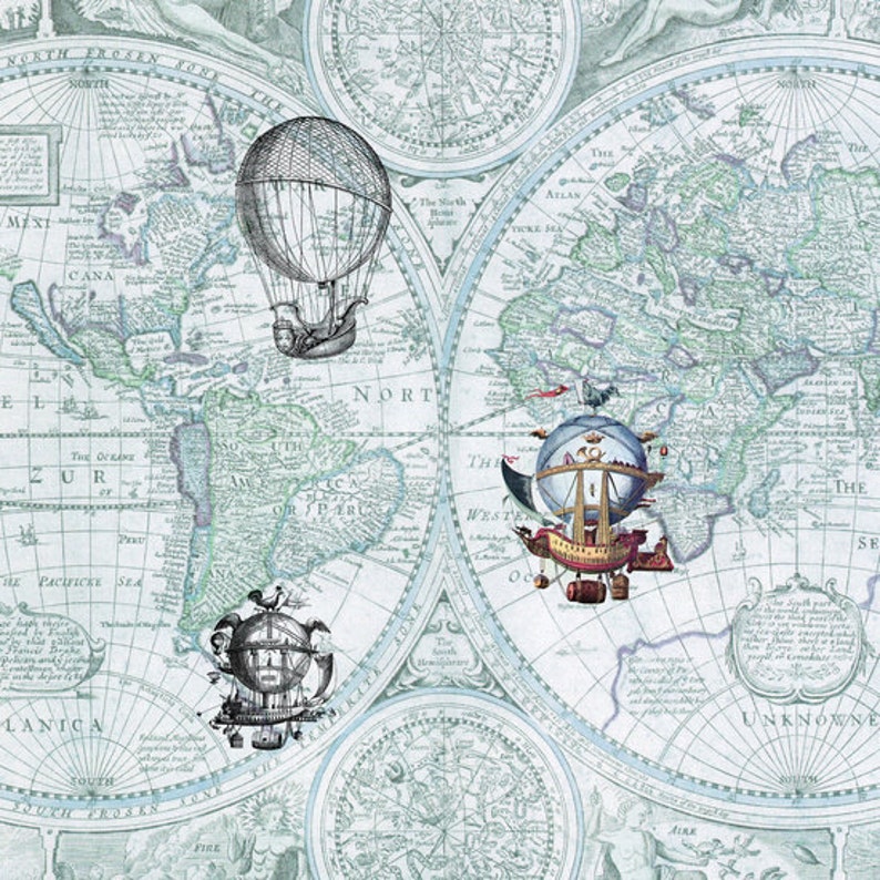 May include: An antique world map with a blue and green color scheme. Three vintage hot air balloons are superimposed on the map. The balloons are decorated with intricate details and have a steampunk aesthetic.