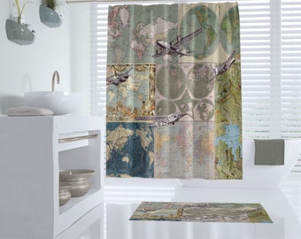 Maps and Planes Shower Curtain - Map Collage with Vintage Airplanes - travel decor Bathroom - fabric,  guy&#39;s bath, plane,