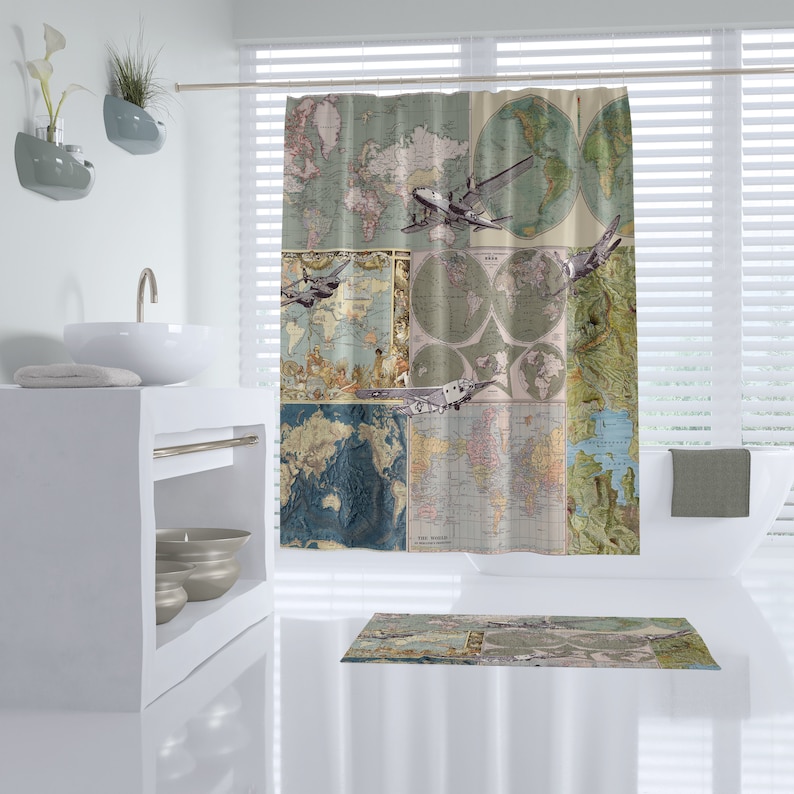 Maps And Planes Shower Curtain Map Collage With Vintage Image 0