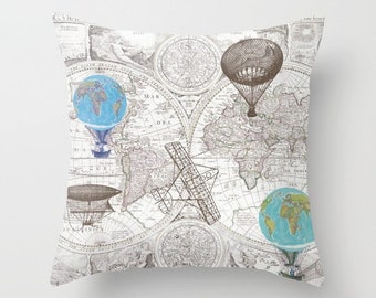 Hot Air Balloon Pattern Pillow - Throw Pillow maps , travel, globes, Vintage Maps, unique, brown and beige