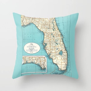 Florida Map pillow - Florida State, Eastern Seaboard, Florida Keyes, teal, cream,  travel decor, coastal decor