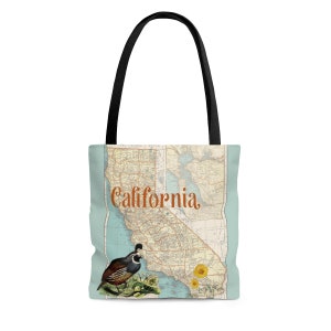 California Tote Bag - quail, poppy and California Map