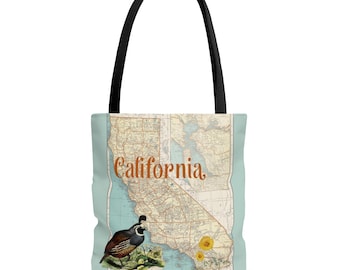 Bolsa de tela de California: codorniz, amapola y mapa de California