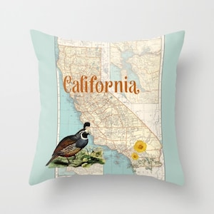California Quail Throw Pillow - California Map - retro - beaches, poppy,  decor, travel,  den, dorm, bedroom