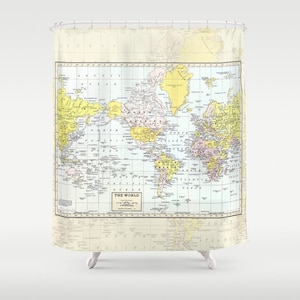 World Map Shower Curtain Historical , colorful, vintage map Vintage tones Home Decor Bathroom travel, blue, green pastel yellow image 1